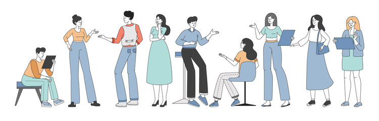 People discussing and brainstorming during business meeting or coffee break vector cartoon outline illustration.