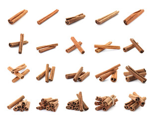 Set with aromatic cinnamon sticks on white background