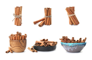 Set with aromatic cinnamon sticks on white background