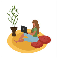 Fototapeta na wymiar The girl works from home, freelance. Sitting on the floor with a laptop on the yellow carpet. The concept of staying at home. A set of vector illustrations.