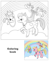 Fototapeta premium Little Pegasuses comb the pony's mane. Cute pony on cloud. Cartoon book vector illustration. Coloring book for children.