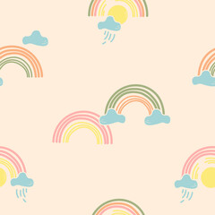 Fototapeta na wymiar Abstract seamless childish pattern with freehand rainbows, suns and clouds. Creative hand drawn kids texture for fabric, wrapping, textile, wallpaper and apparel design idea. Vector illustration