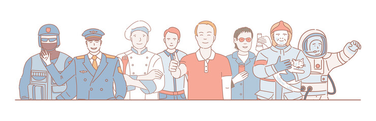 Labor Day vector cartoon outline concept. Police officer, pilot, cook, office worker, chemist, lifeguard, and astronaut.