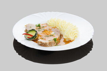 Romanian traditional dishes - pork steak with mashed potatoes and mushrooms sauce