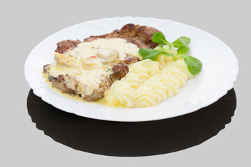 Romanian traditional dish - pork steak with mashed potatoes and mushrooms sauce