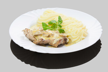 Romanian traditional dish - pork steak with mashed potatoes and mushrooms sauce