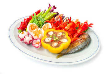 Thai spicy shrimp paste chili dipping sauce with grill mackerel fish