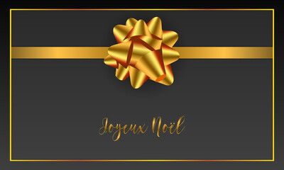 Joyeux Noel Merry Christmas french typography. Christmas vector card with golden realistic bow and border on black background.