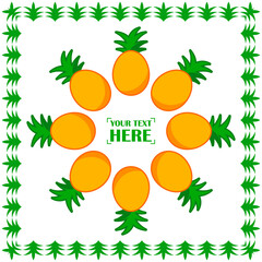 Postcard with pineapples and leaves. Text on postcard. Vector illustration for web design or print.