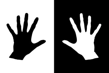 Hand drawn silhouette of two hands - black and white. Element of design on theme of stop racism, different background culture, gender and skin color, kids. We are equal