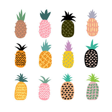   Vector set of hand drawn cute pineapples