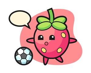 Strawberry cartoon playing soccer