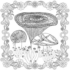 Mushroom doodle in floral frame art monochrome design stock vector illustration for web, for print