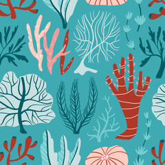 Underwater plants, corals, algae seamless pattern