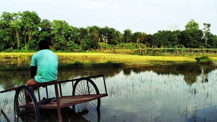 A farmer seating in a wetland over a thela (Carrier)
