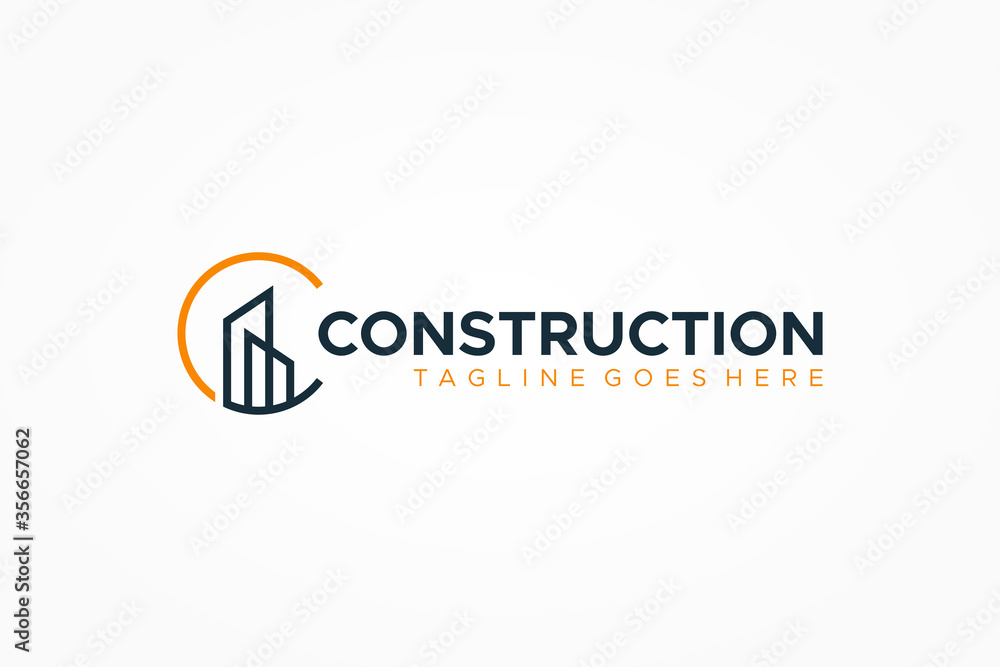Poster construction logo. geometric linear style initial letter c with building symbol combination isolated