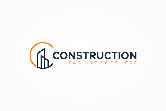 Construction Logo. Geometric Linear Style Initial Letter C with Building Symbol Combination isolated on White Background. Flat Vector Logo Design Template Element.