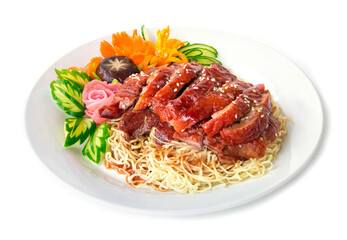 Roasted duck on Egg Noodles with sweet sauce fusion
