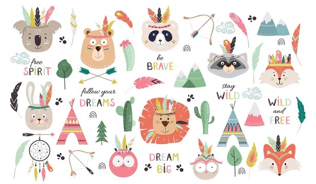 Big set with cute tribal animals faces