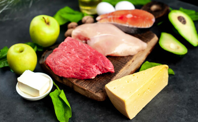 Healthy low carbohydrate foods on stone background. Healthy eating