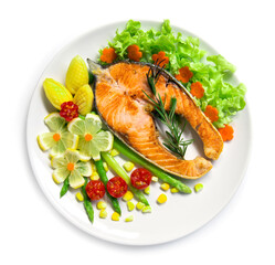 Roasted Salmon steak fusion food with asparagus