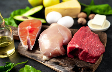 Healthy low carbohydrate foods on stone background. Healthy eating