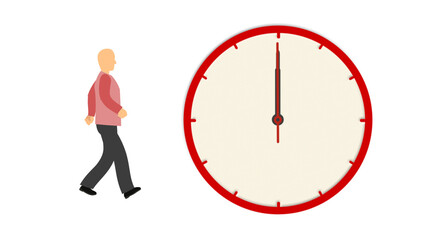 Time zoom concept. Man walking near a clock while clock hnads are turning and zomming over white,