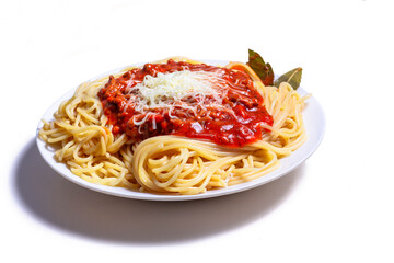 Delicious Spaguetti Pasta with bolognesa tomato sauce and chopped meat. Adorned with cheese and...