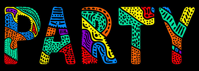 Party. Multicolored bright contrast isolate inscription. Patterned curves doodle letters, rainbow colors. Party for prints on clothing, t-shirt, souvenir, banner, card, satchel. Stock vector picture.