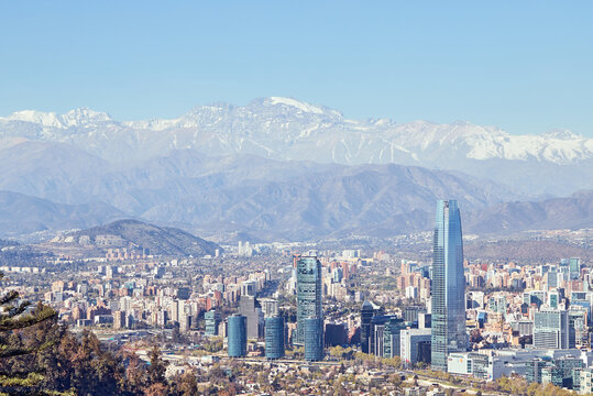 Daytime view of Providencia, Santiago de Chile with Los Andes mountain range in the back. Photographed from Cerro San Cristobal. Copy space.