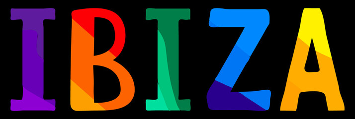 Ibiza. Multicolored bright funny cartoon colorful cute contrast isolated inscription on black. Spain Ibiza for print on clothing, spanish t-shirt, banner, flyer, card, souvenir. Stock vector picture.