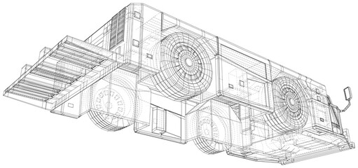 Tow truck transport in airport Isolated. 3D rendering. Wire-frame. The layers of visible and invisible lines are separated. EPS10 format.