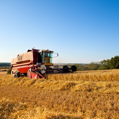 Fototapeta na wymiar Moissonneuse au travail dans un champ de blé.