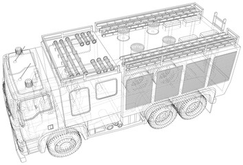 Vector Wire-frame Fire truck. The layers of visible and invisible lines are separated. EPS10 format. Vector created of 3d.
