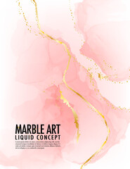 Marble pink background Vector. A;cohol ink golden texture. Acrylic template for wedding, invitation, poster, web banner, greeting card, pattern, wallpaper illustration