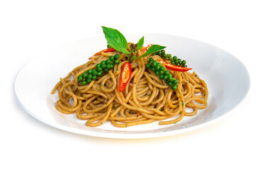 Spaghetti tasty hot and spicy sauce with fresh basil