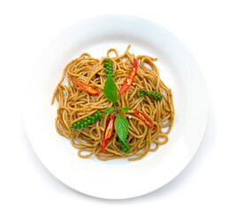 Spaghetti tasty hot and spicy sauce with fresh basil