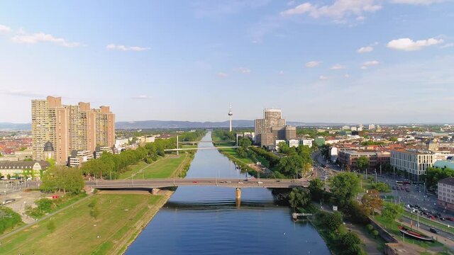 Drone Flight above Rhein River in a Popular City / Mannheim, Germany 
