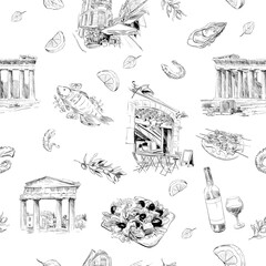 Seamless pattern landmarks and cafes of Greece. Place mat template design. Hand drawn sketch vector illustration. 
