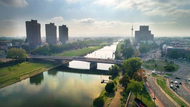 Stunning Aerial View of Mannheim City Bridge on a Beautiful Day / Rhein Neckar / Rhein River, Germany 