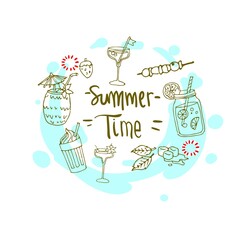 Summer background, logo, hand drawn and design elements for summer holiday, Vector illustration for poster and invitation.