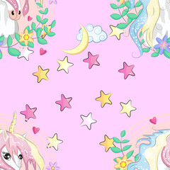 seamless pattern with cute unicorns, clouds,rainbow and stars. Magic background with little unicorns.