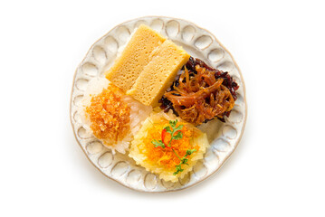 Thai dessert sticky rice 4 flavour on top with shrimp topping.Black sticky rice Coconut with brown sugar topping.Egg custard topping and dried fish topping isolated on a white background
