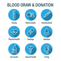 Fototapeta premium Blood testing and work icon set with syringe, donation, & blood sample ideas
