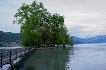 view of a bridge leading to an island in Switzerland