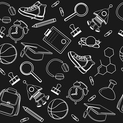 School icons, backpack, alarm clock, notebooks, ball, gym shoes, rocket on a black background seamless pattern. Time to study