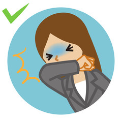 Coughing businesswoman covered mouth by arm - circular icon , cartoon style