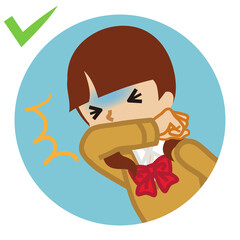 Coughing female student covered mouth by arm - circular icon , cartoon style