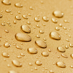 Fototapeta na wymiar Large drops of dew on a Golden leaf. Raindrops on a gold bar close-up, square.