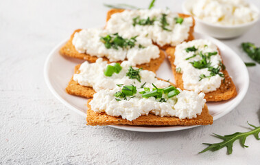 Healthy and tasty snack with crispy bread, cottage cheese and herb